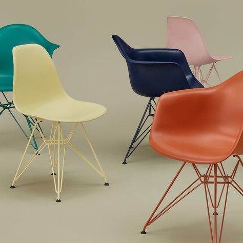 Herman Miller x HAY Eames Moulded Plastic Chair group shot on sage background. Sage Background, Coffee Chairs, Herman Miller Chair, Eames House, Eames Office, Wire Chair, Eames Chairs, New Possibilities, Shell Chair