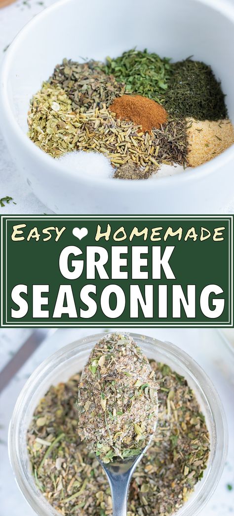 This Greek Seasoning recipe is the best homemade mix of a few easy-to-find dried herbs and spices!  You can quickly make this healthy spice blend in under 5 minutes to season your favorite chicken shish kabobs, turkey meatballs, or other Mediterranean dishes and store it for over a year. #Greek #mediterranean #seasoning #whole30 #lowcarb #vegan Diy Spice Gift, Essen, Greek Spice Mix Recipe, Tzatziki Seasoning Recipe, Homemade Greek Seasoning Spice Mixes, Diy Greek Seasoning, Greek Spice Blend, Homemade Greek Seasoning, Greek Seasoning Blend