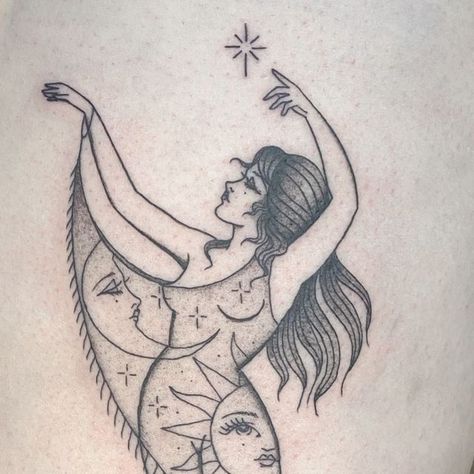 Sarah Whitehouse on Instagram Serene Tattoo Ideas, Holiday Inspired Tattoos, Dainty Realism Tattoo, Two To Look One To See Tattoo, Witchy Women Tattoo, Witch Riding Broom Tattoo, Eye Vine Tattoo, Witchy Pinup Tattoo, The Fates Tattoo Greek