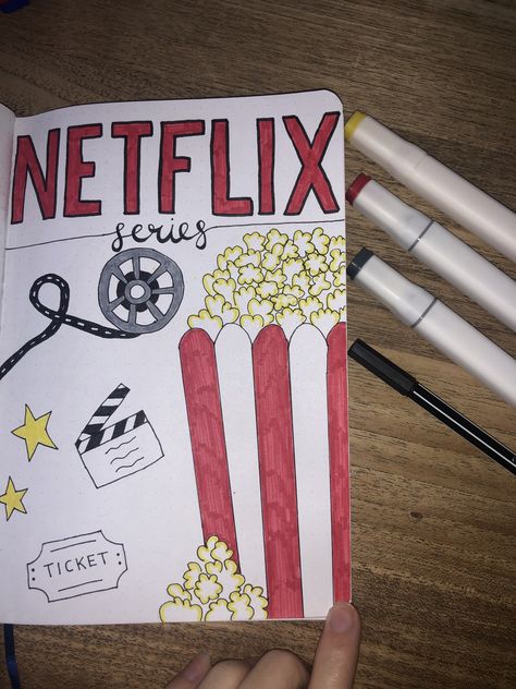 Movie Night Doodles, Netflix Journal Ideas, Drawing Ideas Movies, Netflix Doodle, Movie Drawings Easy, Netflix Journal, Bullet Journal Films, Netflix Drawing, Bullet Journal Netflix