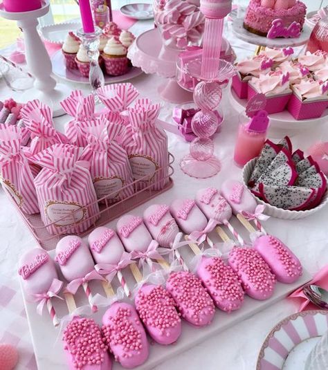 20+ Epic Ideas for an Adult Night of BARBIE Glam and Fun Barbie Pink Party Decorations, Barbie Sweets Table, Barbie Candy Bar Ideas, Barbie Dessert Table, Barbie Birthday Party Ideas Decoration, Barbie Party Food, Barbie Party Decorations, Barbie Theme Party, Pink Desserts