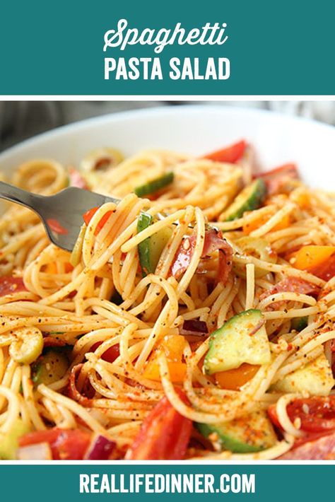 Spaghetti Pasta Salad, Chopped Veggies, Spaghetti Salad, Fresh Cucumber, Italian Salad Dressing, Spaghetti Noodles, Cucumber Tomato, Spaghetti Pasta, Red Onions