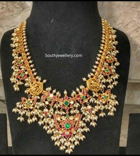 22k Gold Kundan guttapusalu haram photo Guttapusalu Haram, Mango Mala, Gutta Pusalu, Long Haram, Dainty Gold Jewelry, Diamonds And Pearls, 22k Gold Jewelry, Ganpati Decoration, Gold Jewelry Simple Necklace