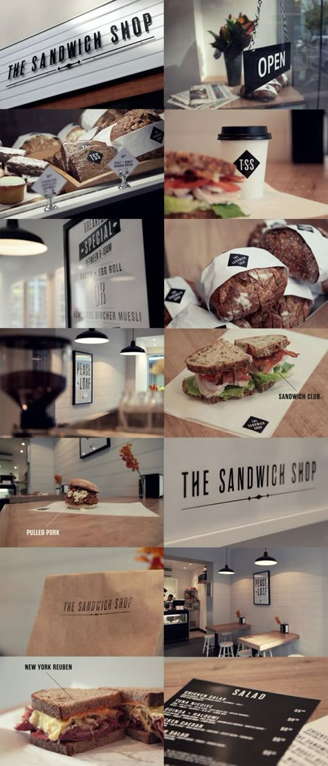 The Sandwich Shop by Phil Robson, via Behance Concept Design Interior, Logo System, Roast Beef Sandwich, Croissant Sandwich, Menu Layout, Sandwich Bar, Bread Shop, Cafe Branding, Sandwich Shop