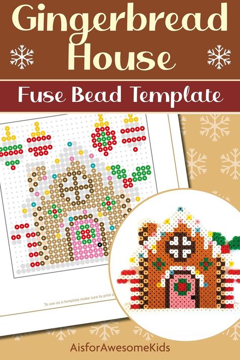 Christmas Gingerbread House with Baubles, Holly and Candy Canes. Printable PDF template with a Christmassy themed design to make out of fuse beads (Hama/Perler/Nabbi beads). Sized perfectly to fit under a square peg board so that the design can be made by working on top of the template. Perfect for a Christmas craft activity or to give as a gift. Perler Bead Patterns Large, Hama Beads Christmas, Gift Tutorial, Melt Beads, Gingerbread House Patterns, 3d Beading, Christmas Perler Beads, Kids Printables, Melty Bead Patterns