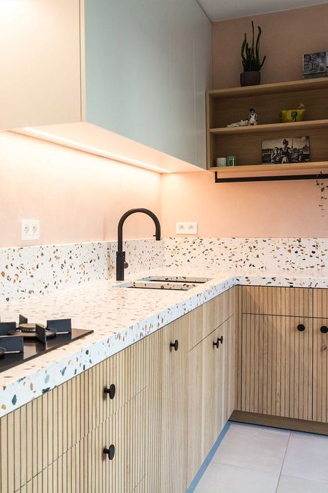 Quartz Terrazzo Countertop, Terrazzo In Kitchen, Kitchen With Terrazzo Countertops, Terrazzo Kitchen Counters, Terrazo Kitchen Countertop, Terrazo Kitchen Counter, Terrazo Countertop Kitchen, Terazzo Kitchen Counter, Terrazzo Kitchen Counter