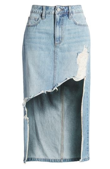 Heavy distressing creates a high-low hem on this nonstretch denim skirt in a faded light wash. Zip fly with button closure Five-pocket style High-low hem 100% cotton Machine wash, tumble dry Imported High Low Denim Skirt, Side Fringe, Distressed Denim Skirt, Denim Skirt Outfits, Fringe Skirt, Denim Diy, High Low Hem, Distressed Denim, Skirt Outfits