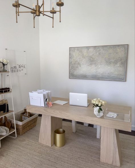 // h o m e Busy Office Aesthetic, Team Office Space Ideas, Work From Home Office Setup Cozy, Ridge Bleached Oak Desk Cb2, Girly Boss, Contemporary Office Design, Modern Home Office Desk, Japandi Living, House Floor Design