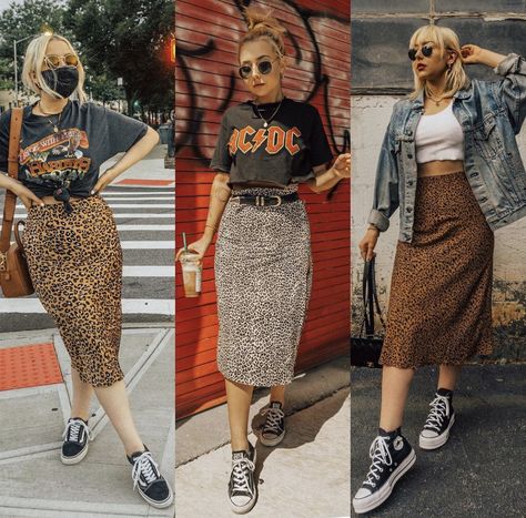 Midi Skirt With Sneakers, Alternative Fashion Skirts, Indie Outfits Alternative Fashion, Skirts With Sneakers, Boho Mode, Leopard Print Skirt, Skirt And Sneakers, Looks Party, Festival Looks