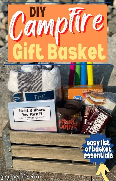 Diy Campfire, Camping Gift Baskets, Raffle Gift Basket Ideas, Homemade Ugly Christmas Sweater, Auction Gift Basket Ideas, Campfire Fun, Basket Gift Ideas, Theme Baskets, Fathers Day Gift Basket