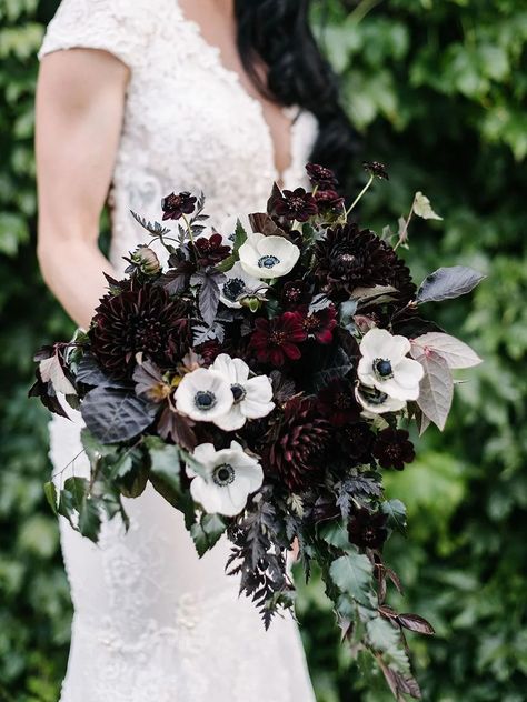 20 Gorgeous Dark & Moody Bouquets We're Loving! | One Fab Day Dahlia Wedding Bouquets, Holding A Bouquet Of Flowers, Elegant Wedding Bouquets, Dahlias Wedding, Holding A Bouquet, Dahlia Bouquet, White Anemone, Dark Wedding, A Bouquet Of Flowers