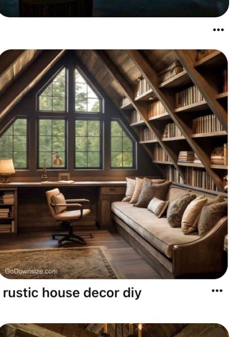 Loft Bookshelves, Loft Library Ideas, Dark Modern Interior, Loft Library, Library Loft, Homey House, Dark Modern, Slanted Ceiling, Trailer Ideas