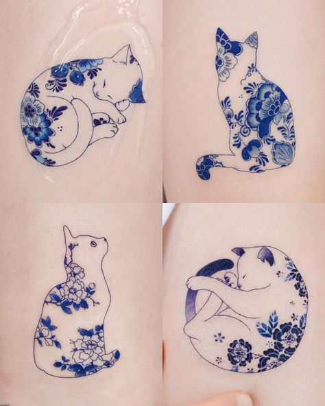 Cat Lily Tattoo, Hidden Cat Tattoo, Porcelain Pattern Tattoo, Floral Cat Tattoo Small, Delft Tattoo Ideas, Porcelain Design Pattern, Porcelain Cat Tattoo, Bat Sternum Tattoo Women, Squishy Tattoo