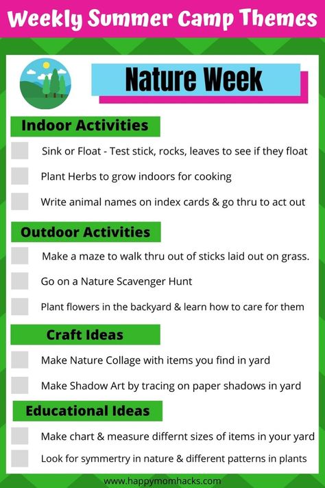 Summer Camp Activity For Kids, Nature Week Preschool, Outdoor Summer Camp Games, Nature Camp Ideas, Diy Summer Camp At Home, Weekly Summer Themes, Summer Camp At Home Ideas For Kids, Summer Themes For School Age Kids, Weekly Themes And Activities