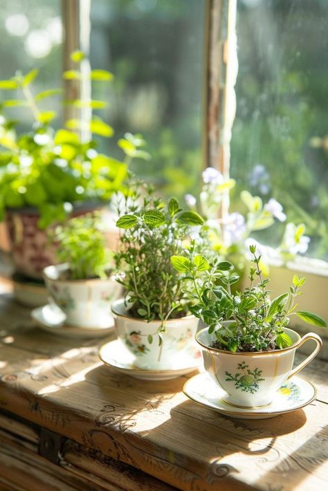 Herbs In Kitchen Ideas, Flower Herb Garden, Herb Kitchen Garden, Indoor Garden Aesthetic, Herbs In Kitchen, Herb Arrangements, Herb Aesthetic, Kitchen Window Herb Garden, Kitchen Window Garden