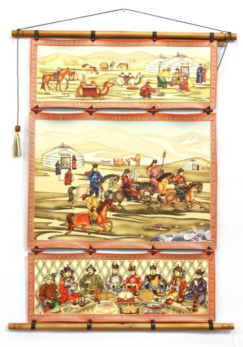 Leather wall hanging with Mongolian art painted. It’s great for home decoration. Leather Wall Hanging, Mongolian Art, Leather Wall Art, Leather Wall, Wall Hanging Art, Leather Wedding, Wooden Clock, Wooden Dolls, Here Comes The Bride