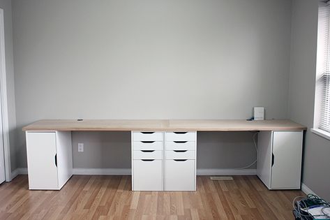 Long Desk Along Wall, Ikea Alex Desk, Ikea Home Office, Long Desk, Kids Desk, Kids Office, Office Room Decor, Craft Room Office, Desk Top