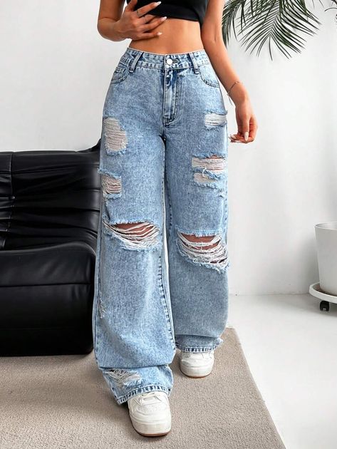 SHEIN USA Cool Ripped Jeans, Trendy Jeans Women, Jean For Women, Trending Clothes 2024, Ripped Jeans Outfit Aesthetic, Holey Jeans Outfit, Pantalones Mom Jeans, Baggy Pants Outfits, Pantalones Mom