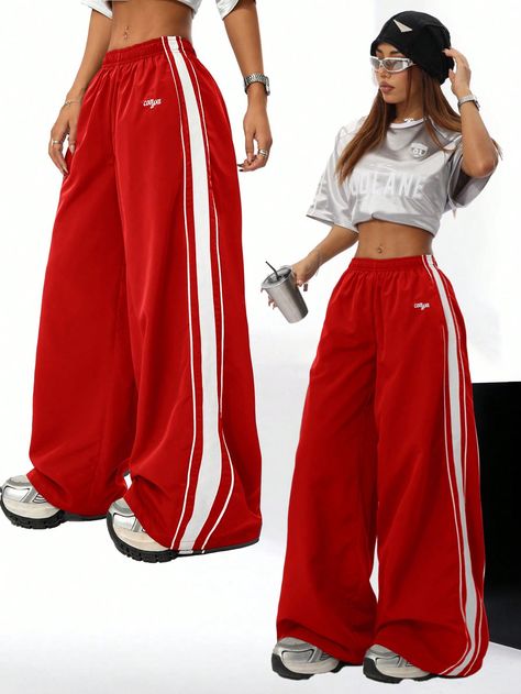 Women's Fall/Winter Casual Sport Hip Hop Banded Texture Decoration Sweatpants,Back To School,Rave Festival Outfits Red Casual   Woven Fabric Colorblock,Letter,Striped Wide Leg Non-Stretch  Women Clothing, size features are:Bust: ,Length: ,Sleeve Length: Sweatpants Dance Outfit, Shein Codes Y2k, Outfit Festival Verano, Dance Outfits Hip Hop, 90s Hip Hop Fashion Women, Red Sweatpants Outfit, Hiphop Dance Outfit, Wide Leg Sweatpants Outfit, Hip Hop Outfit