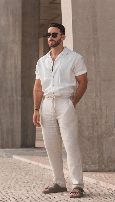 Outfits Ideas For Men Classy, Men’s Linen Looks, Bali Wedding Mens Outfits, Quiet Luxury Fashion Men Summer, Linen Pants Men Outfit Summer, Lenin Pants Outfit Men, Portugal Outfits Men, White Linen Shirt Men Outfit, Men’s Summer Outfits 2024