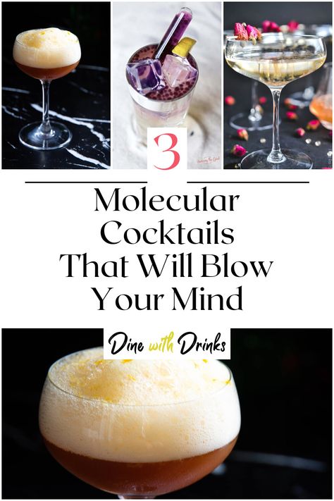 Collage of 4 molecular cocktails. Molecular Mixology Cocktails, Science Cocktail Recipes, Biology Cocktails, Molecular Gastronomy Cocktails, Career Themed Cocktails, Showstopper Cocktails, Chemistry Cocktails, Molecular Mixology Recipes, Interactive Cocktails