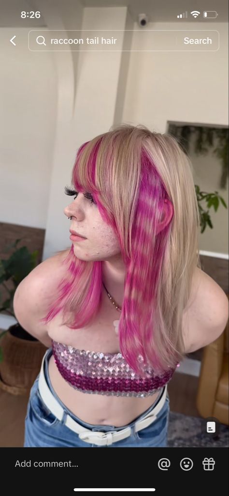 Hot Pink Roots Blonde Hair, Striped Colored Hair, Space Cowgirl Arctic Fox Hair, Purple Black Blonde Hair, Trashy Y2k Hair Color, Pink And Purple Raccoon Tail Hair, Blue Hair Pink Tips, Hair Color Design Ideas, Pink And Blonde Raccoon Tail Hair