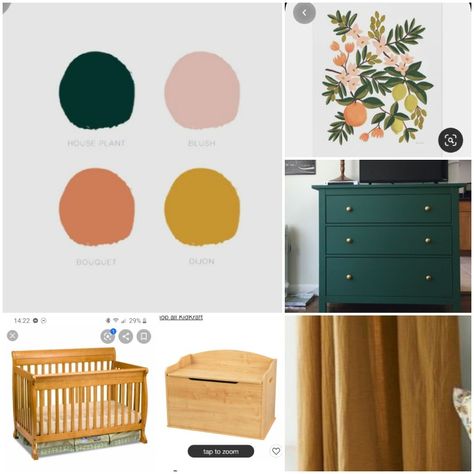 Emerald Green Boho Nursery, Mustard Yellow And Pink Nursery, Green Pink Gold Nursery, Dark Green Baby Girl Nursery, Nursery Dark Green Accent Wall, Colored Dresser In Nursery, Mustard Yellow And Dark Green Bedroom, Pink Yellow Green Nursery, Pink Yellow And Green Bedroom