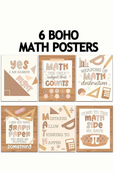 6 Boho Math Posters For Elementary School - Middle School Math Posters For Middle School, Math Posters For High School, Math Classroom Must Haves, Math Classroom Decor, Math Bulletin Board Sets Boho Math Bulletin Board, Math Bulletin Boards High School, High School Classroom Decorating Ideas Bulletin Boards, Math Posters Middle School, Classroom Decor Math, Classroom Organization High School, Junior High Math, Classroom Must Haves, Math Classroom Decor