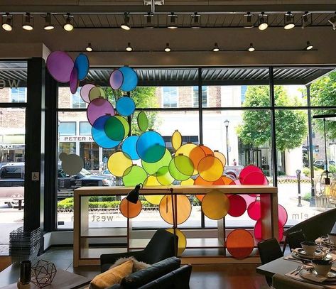 Rainbow Window Display, Pride Window Display, Spring Window Display Ideas, Pride Display, Spring Window Display, Summer Window, Ceiling Art, Spring Window, Showroom Interior Design