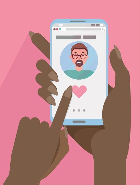 African woman two hands hold smartphone with Online dating app on screen. Online dating, long distance relationship. Finger presses heart button. Handsome man profile. Flat cartoon vector illustration Dating App Illustration, Man Profile, Male Profile, Heart Button, Dating App, Distance Relationship, Handsome Man, Long Distance Relationship, Social App