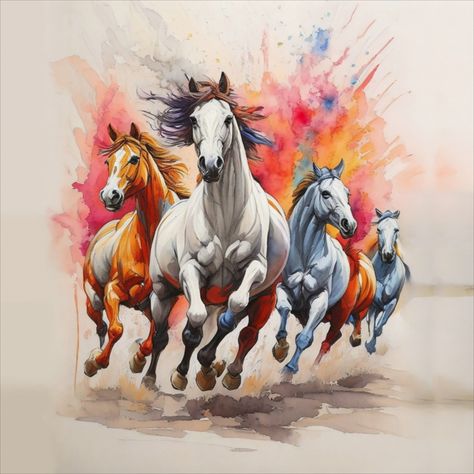 A captivating watercolor digital simulation, showcasing a herd of wild horses bursting out of a vibrant explosion, charging at full gallop towards the viewer. This abstract piece with it's explosive hues of a vivid palette is suitable for any setting, this digital painting promises to hang with a compelling presence, igniting the passion of horse lovers and wild animal enthusiasts alike. Inspired by the possibilities of artificial intelligence. Horse Oil Painting, Horses Running, Horse Wallpaper, Running Horses, Art Digital Art, Horse Lovers, Book Illustrations, Art Download, Colorful Wall Art