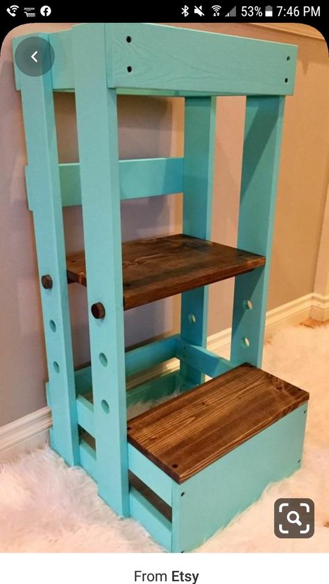 Learning Tower Diy, Toddler Kitchen Stool, Kitchen Helper Tower, Montessori Tower, Diy Kids Kitchen, Helper Tower, Toddler Step Stool, Real Wood Furniture, Toddler Kitchen