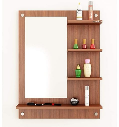 Speaking of mirrors, this wooden wall mirror that has additional shelves for you to store jewellery, perfumes, make-up and other trinkets on - ₹2,999 Shelf With Mirror, Dressing Table Mirror Design, Mirror Shelves, Modern Wall Shelf, Wall Mirror With Shelf, Dressing Table Design, Regal Design, Wall Shelves Design, Mirror With Shelf