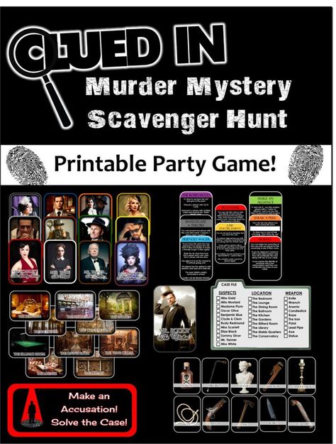 Clued-In Murder Mystery Scavenger Hunt - Printable Party Game Inspired by Clue Clue Party, Clue Games, Treasure Hunt Games, Mystery Dinner Party, Mystery Parties, Dinner Party Games, Scavenger Hunt Games, Spy Party, Mystery Dinner