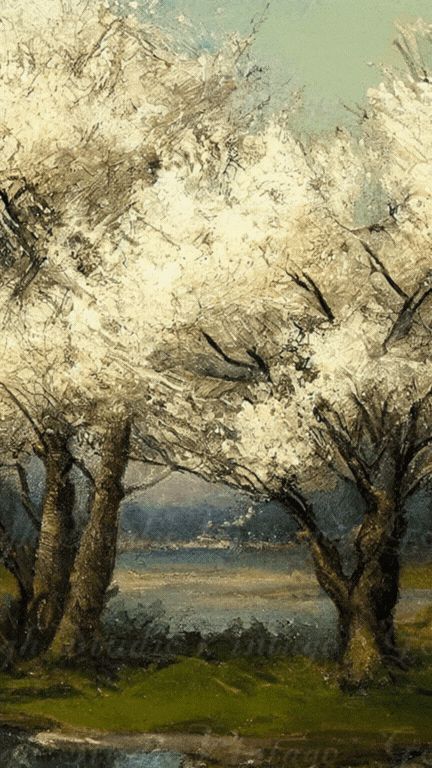 Trees in Bloom, landscape of blossom trees in spring , buy printable vintage oil painting. Trees In Spring, Favorite Paintings, Picture Tree, Lake Girl, Art Daily, Printable Vintage, Classic Paintings, Vintage Spring, Vintage Landscape