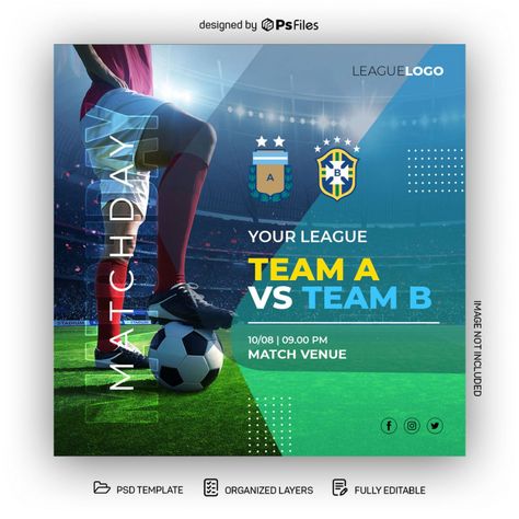 Soccer League Match Sports Instagram Post Design PSD Template Sports Instagram Post, Soccer Post, Barcelona Vs Real Madrid, Gym Center, Instagram Post Design, Adobe Photoshop Design, Football Tournament, Sport Games, Sports Flyer