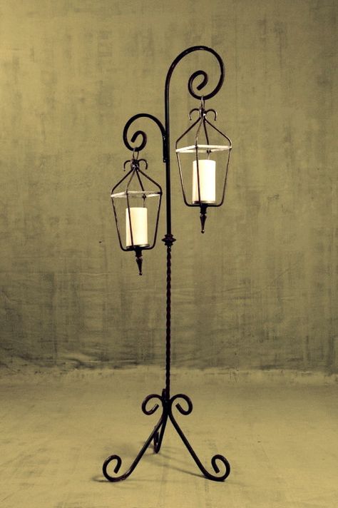 S22B DOUBLE LANTERN STAND WITH LANTERNS http://www.mancinoiron.com/ Outside Lanterns, Arabian Decor, Lantern Hooks, Lantern Stand, Rustic Metal Decor, Wrought Iron Decor, Steampunk House, Iron Floor Lamp, Unique Floor Lamps