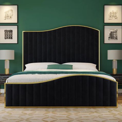 Sadeigh Upholstered Bed Frame with Harp Headboard & Footboard Bed Frame Velvet, Velvet Upholstered Bed, Lit King Size, Tall Headboard, King Size Bed Frame, Upholstered Bed Frame, Tufted Headboard, Wooden Slats, Mattress Springs