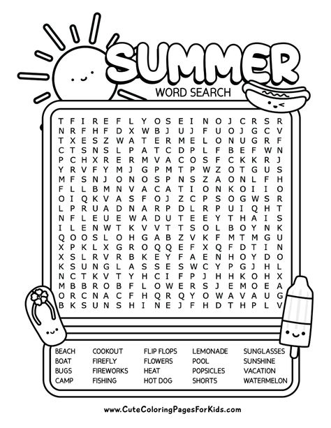 Free Printable Summer Word Search for Kids - Cute Coloring Pages For Kids Fun Worksheets For Elementary Students, Grade 4 Activities Free Printable, Free Printable School Worksheets, Kids Fun Worksheets, 3rd Grade Crafts Summer, June Word Search, Summer Bucket List Kids Printable, Fifth Grade Worksheets Free Printable, Summer Color Sheets Free Printable