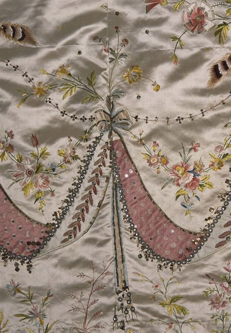 Detail of train for Marie - Antoinette's two piece court dress (attributed to dressmaker Marie-Jeanne “Rose Bertin" France 1780s). Silk, silk embroidery, spangles, glass stones & ribbon. From the collection at the Royal Ontario Museum. @ROM Chateau Interior, Rose Bertin, Satin Applique, Jean Rose, French Royalty, 18th Century Dress, Royal Ontario Museum, Court Dresses, French History