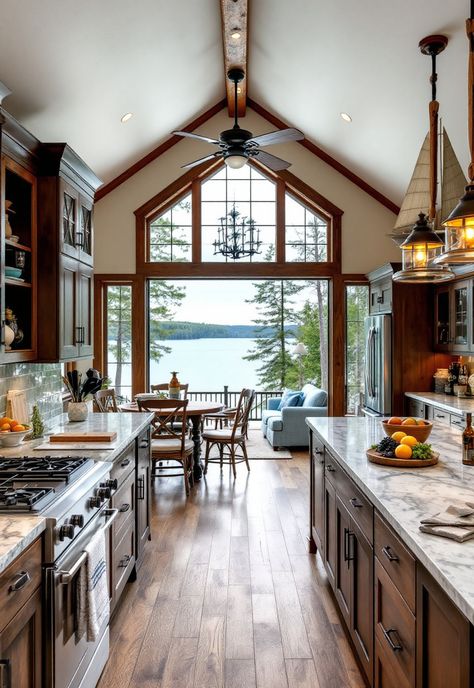 Rustic Kitchen Lakehouse Kitchens, Lake Cottage Kitchen, England Kitchen, New England Kitchen, Lakehouse Kitchen, Rustic Kitchen Designs, Rustic Kitchen Ideas, Rustic Bar Stools, Rustic Lake Houses