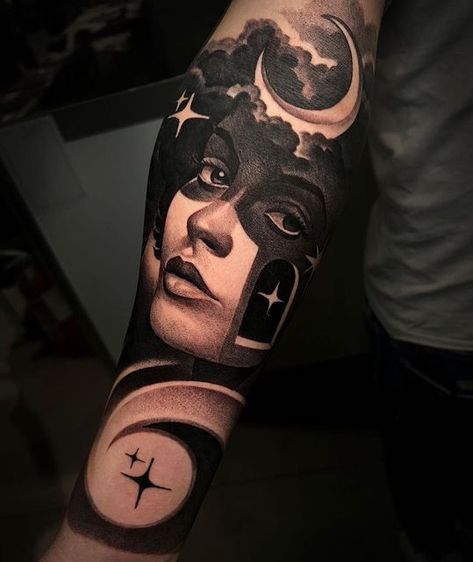 Tattoo Snob on Instagram: "Moon Lady tattoo by @vernatiziano at @cromotattoostudio in Rome, Italy" Moon Lady Tattoo, Moon Lady, Lady Tattoo, Line Tattoo Ideas, Single Line Tattoo, Full Sleeve Tattoo Design, Blackout Tattoo, Cloud Tattoo, Joker Tattoo