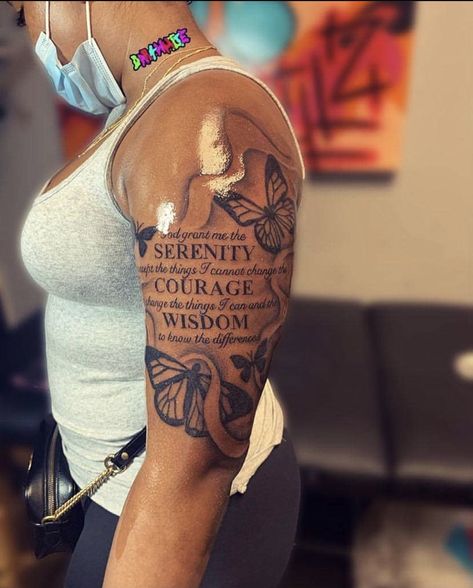 Quart Sleeve Tattoo Women, Half Seelve Tattoo, Rare Shoulder Tattoos For Women, Paragraph Tattoos For Women On Arm, Upper Arm Tattoos For Women Meaningful, Female Upper Arm Tattoo, Shoulder Tattoos For Women Meaningful, Top Of Arm Tattoo, Cute Shoulder Tattoos For Black Women