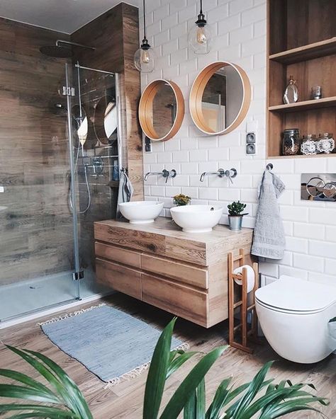 stained wood vanity // beachy boho bathroom // white tile // industrial pendant lights Wooden Vanity Unit, Design Interior Baie, Interior Boho, Bilik Air, Loft Interior, Bright Bathroom, Wooden Vanity, Wooden Bathroom, Scandinavian Interior Design