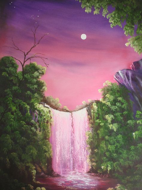 pink waterfall | Flickr - Photo Sharing! Sunset Waterfall Drawing, Colorful Waterfall Painting, Pink Waterfall Aesthetic, Water Fall Painting Ideas, Pink Waterfall, Sunset Waterfall Painting, Pink Landscape Painting, Fairytale Painting, Waterfall Painting