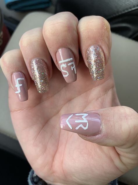 Family cattle brands! Double F, Bar over S reverse F and M R half diamond. 💕 #nails Brand Nails, Western Nails, Cattle Brands, Horse Brand, Diamond Nails, M R, Cosmetology, Fun Nails, Nail Ideas