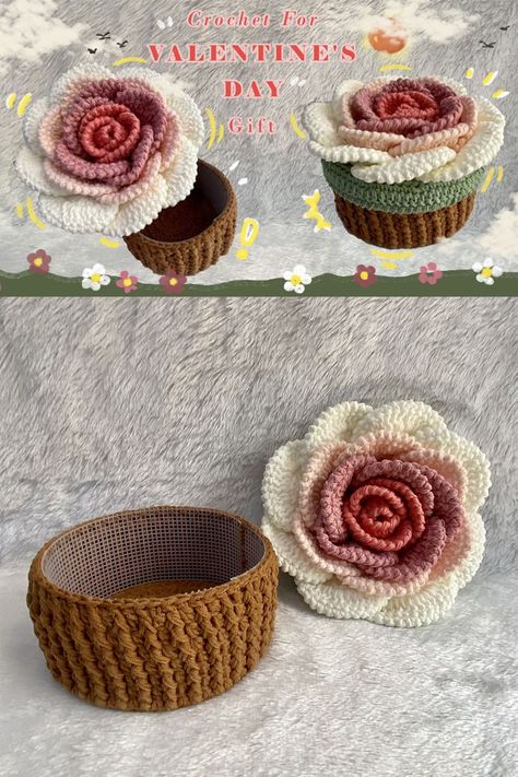 Crochet Roses: Perfect for Embellishments How to make crochet rose - Step by step tutorial Crocheted Hanging Wall Basket, Crochet Gift Sets Ideas, Crochet Mothers Day Gifts Ideas, Crochet House Decor, Crochet Gift Basket, Flower Basket Ideas, Crochet Mothers Day Gifts, Crochet Boxes, Crochet Pattern Basket