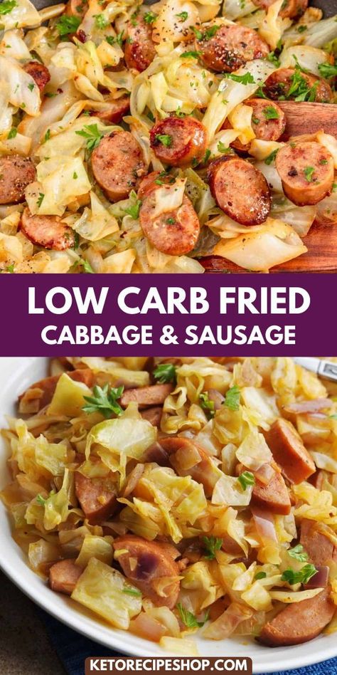 This Low Carb Fried Cabbage & Sausage is a quick and easy way to enjoy a satisfying keto meal.  Packed with vitamins and protein, it's perfect for busy weeknights! Sausage And Cabbage Skillet, Sausage Cabbage, Sausage And Cabbage, Cabbage Skillet, Recipes Cabbage, Healthy Low Carb Dinners, Cabbage And Sausage, Breakfast Low Carb, Desserts Keto