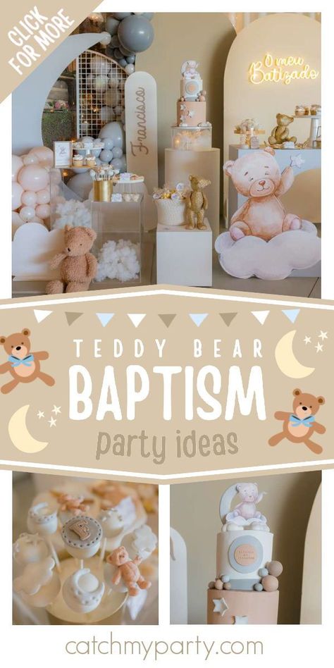 Don't miss this adorable teddy bear baptism! The cake pops are so sweet! See more party ideas and share yours at CatchMyParty.com Baptism Theme Ideas, Christening Theme, Baptism Decorations Boy, Christening Themes, Baptism Themes, Angel Teddy Bear, Baptism Party Ideas, Teddy Bear Party, Teddy Bear Theme