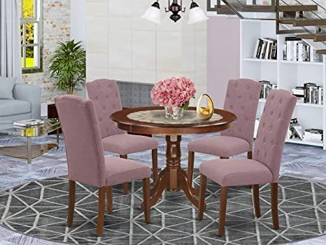 5Pc Dining Set Includes a Round Dinette Table and Four Parson Chairs with Dahlia Fabric, Mahogany Finish Dinette Table, Round Dining Room Table, Round Dining Room, Dinette Tables, Round Kitchen, Solid Wood Dining Set, Dinette Sets, 5 Piece Dining Set, Kitchen Table Settings